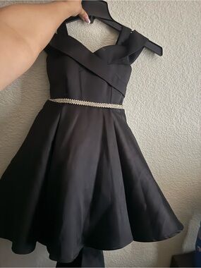 Black Fit-and-Flare Cocktail Dress with Rhinestone Belt